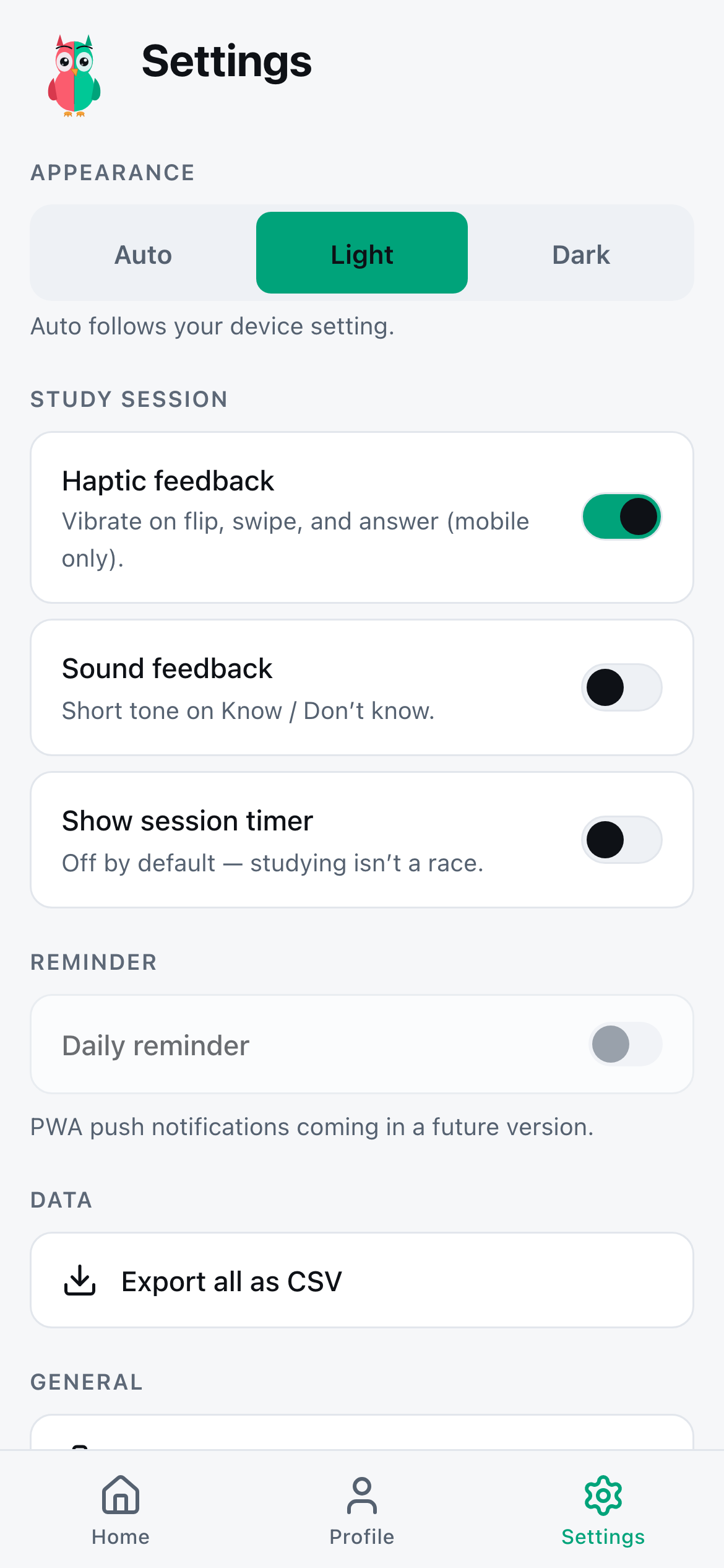 Settings — Appearance, haptic and sound feedback toggles, daily reminder